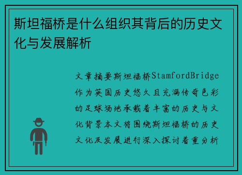 斯坦福桥是什么组织其背后的历史文化与发展解析